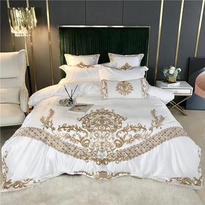 Elegant White Satin and Cotton Embroidered Luxury Bedding Collection with Duvet Cover, Sheets, and Pillowcases - Très Elite