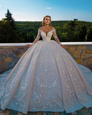 Off The Shoulder V-Neck Long Sleeve All Over Shiny Beaded Sequins Princess Ball Gown - Très Elite