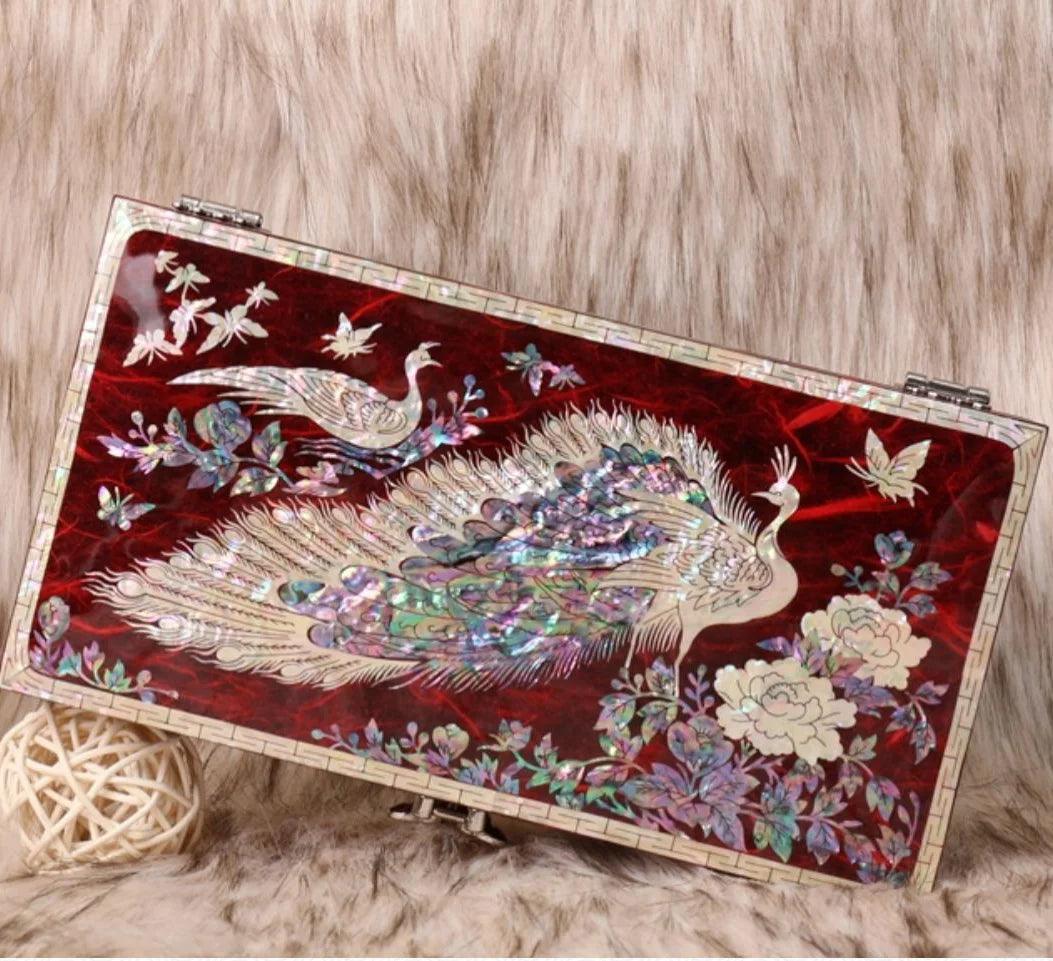 Artisan-Made Mother of Pearl Jewelry Box with Exquisite Peacock Inlay - An Elegant Storage Solution for Your Treasures