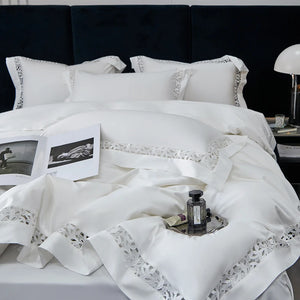 Exquisite 1200TC Egyptian Cotton Luxury Bedding Collection with Elegant Hollow Lace Trim, Duvet Cover, Flat & Fitted Sheets, and Pillowcases - Très Elite