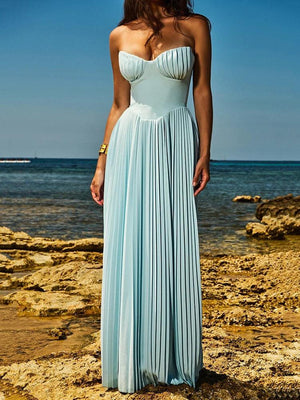 Glamorous Off-Shoulder High Waist Pleated Maxi Dress - Backless Bodycon Long Gown for Women - Très Elite