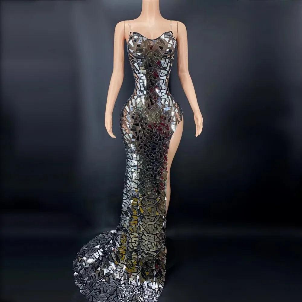 Radiant Silver Formal Gown with Elegant Mesh Accents and Flowing Train
