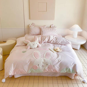 Charming Pink Bunny Applique Girls Luxury Duvet Cover Set - Premium 100S Egyptian Cotton Bedding for Single & Queen Beds - Très Elite