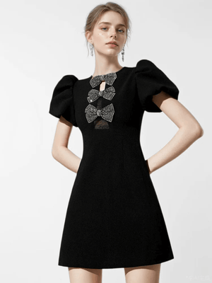 DEAT Elegant Puff Sleeve Bowknot Mini Dress - Slim Fit Evening Wear for Women - Summer 2024 Collection 35Z659 - Très Elite