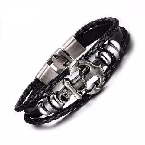 Anchor Bracelet with Black Leather Charm