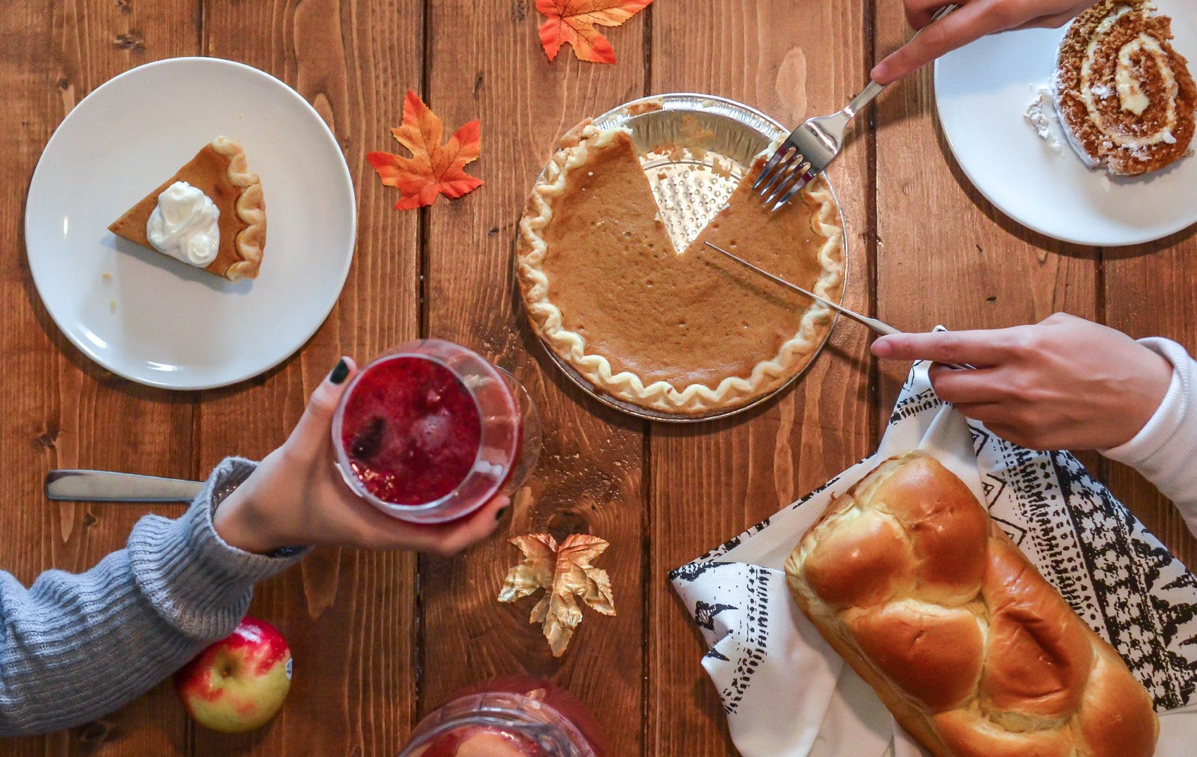 Holiday Meal with Wine, Pumpkin Pie and Braided Bread