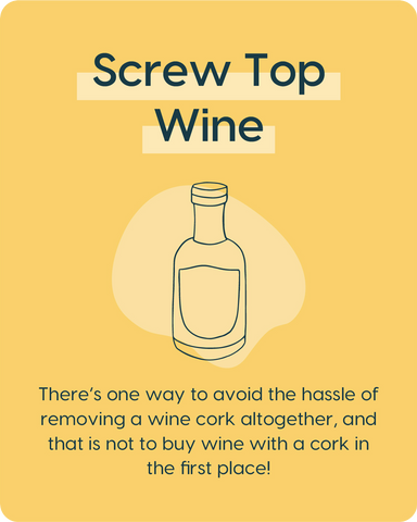 Graphic with Yellow Background and line drawing of a mini bottle of wine, with text overlaid: "Screw Top Wine - there's one way to avoid the hassle of removing a wine cork altogether, and that is not to buy wine with a cork in the first place!"