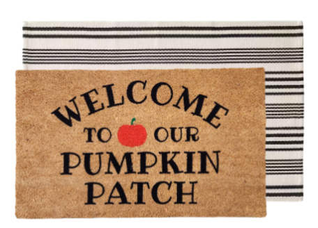 Welcome to Our Pumpkin Patch Doormat Paired with a Black and White Striped Rug