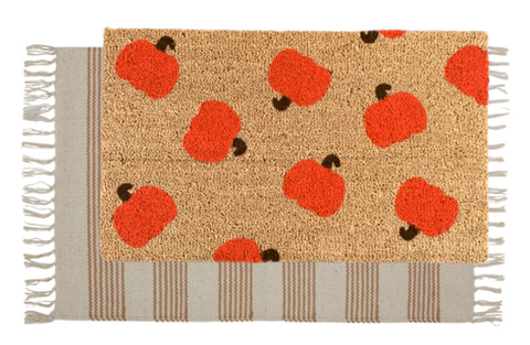 Pumpkin Pattern Doormat And Tan Striped Layering Rug