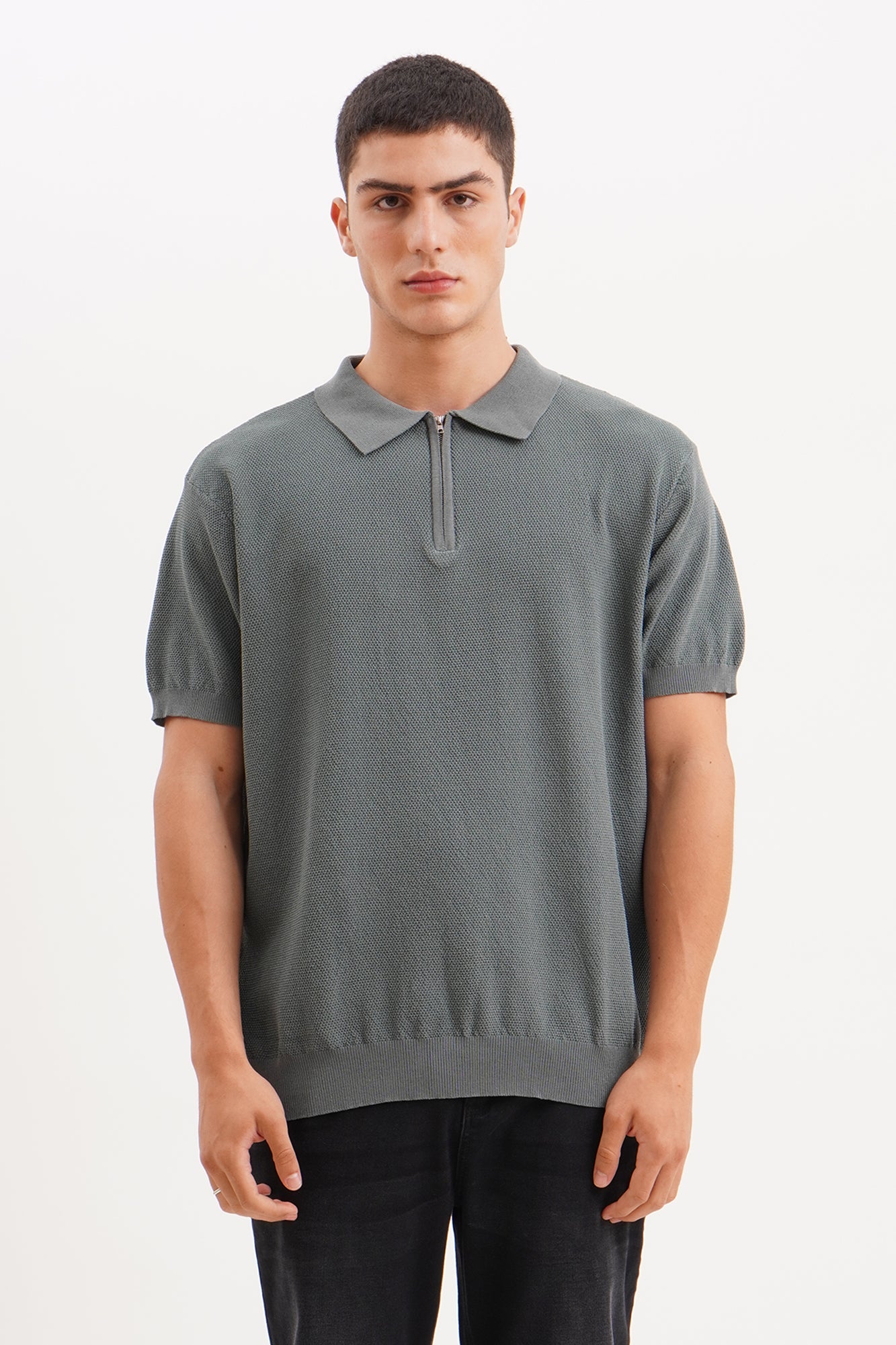 Relaxed Fit Textured Knit Half Zip Polo – PENSHOPPE