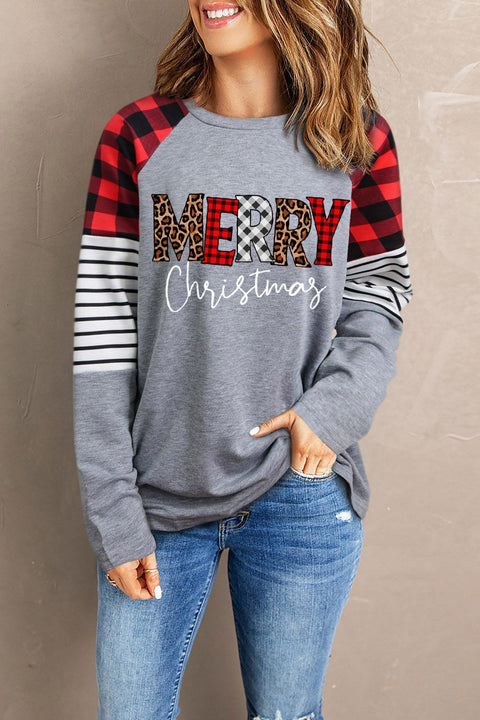 MERRY CHRISTMAS Mixed Print Round Neck Top