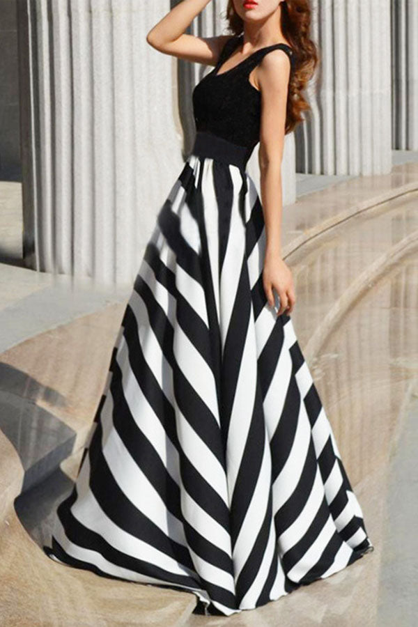 Round Collar Stripe Splicing Sleeveless Expansion Evening Dress