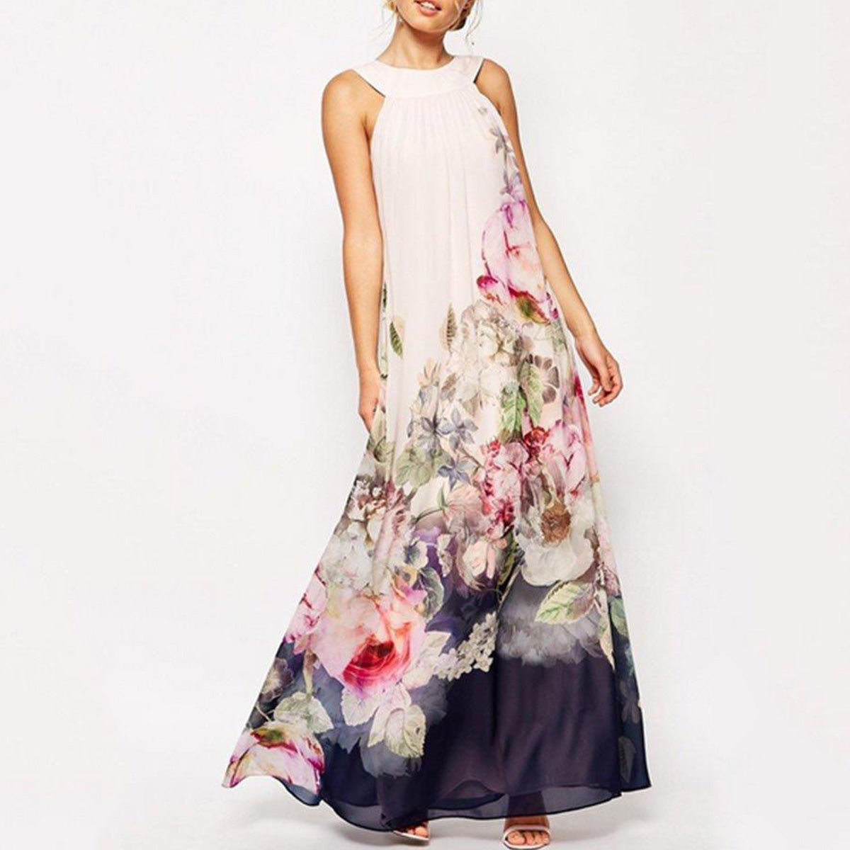 Open Shoulder Printed Sleeveless Maxi Dresses