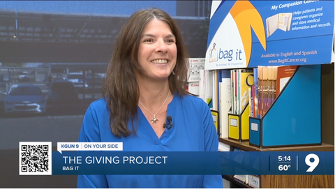 Woman in TV story speaking about Bag It nonprofit organization