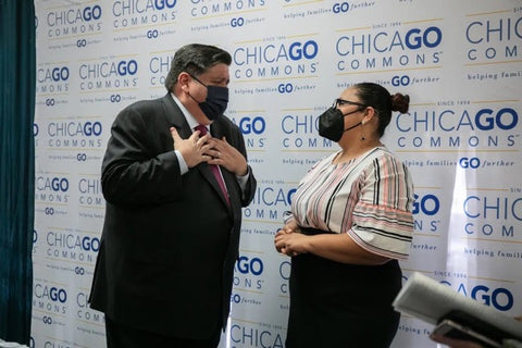 Illinois Governor Pritzker with Chicago Commons mother