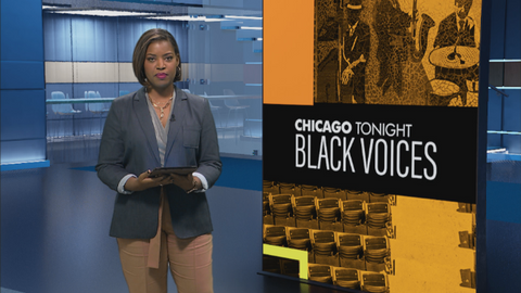 WTTW-TV female anchor in front of screen showing Chicago Tonight Black Voices