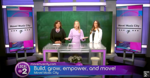 Two women TV hosts on set with woman founder of Move! Music City