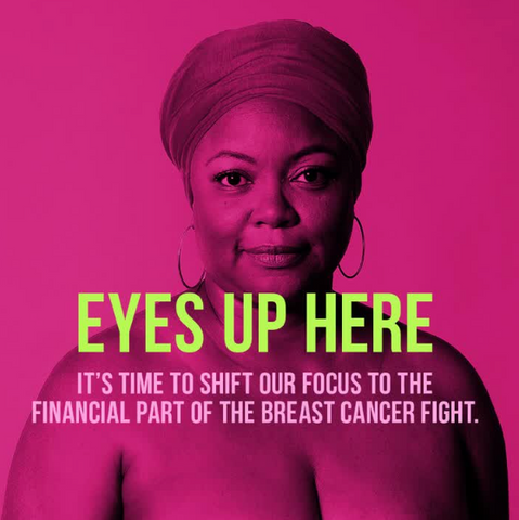 Photo of top of chest and head of woman for The Pink Fund "Eyes Up Here" campaign