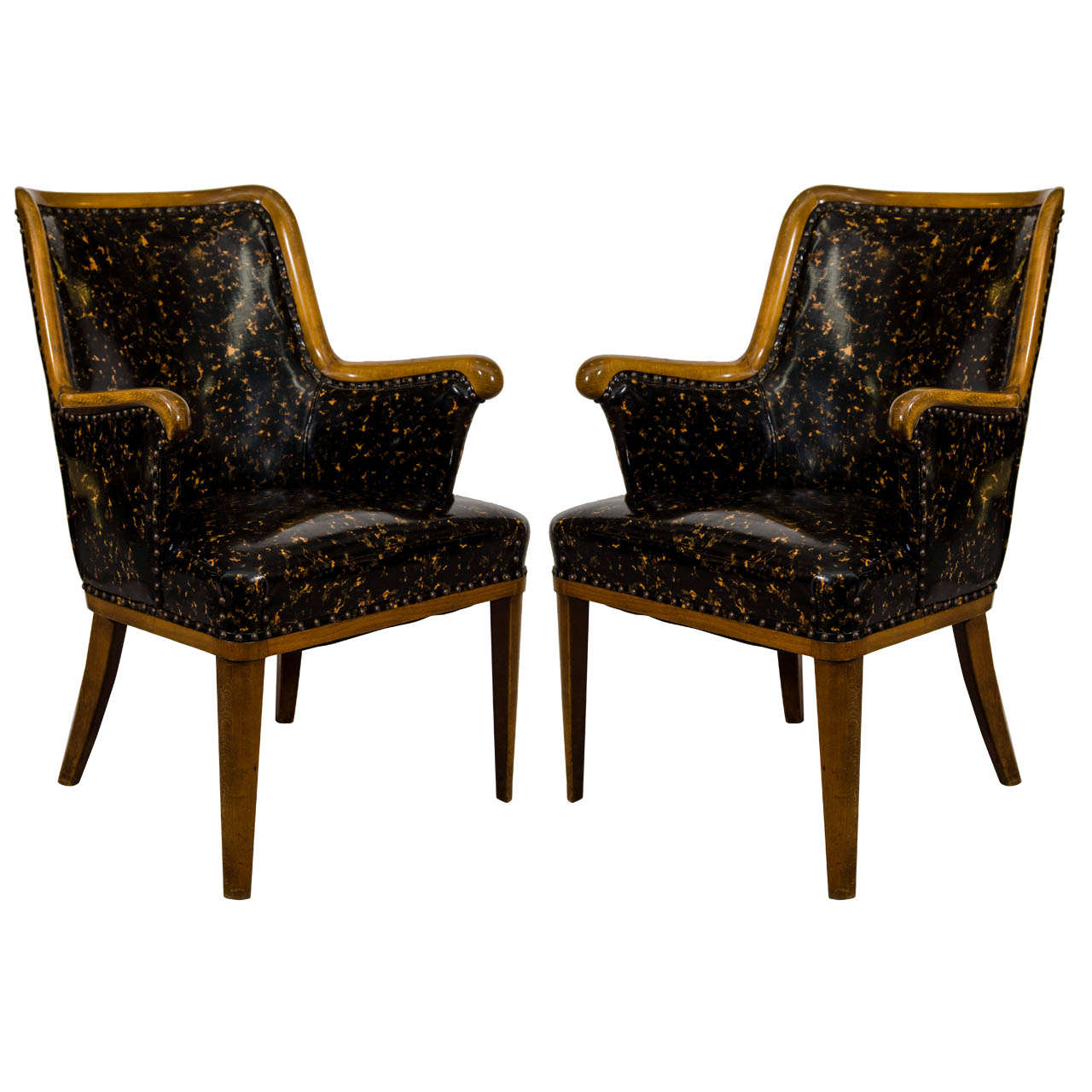 Great Hollywood Regency Pair of Armchairs in a Patent Tortoise Shell Upholstery