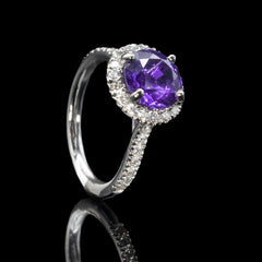 purple sapphire and diamond ring in platinum
