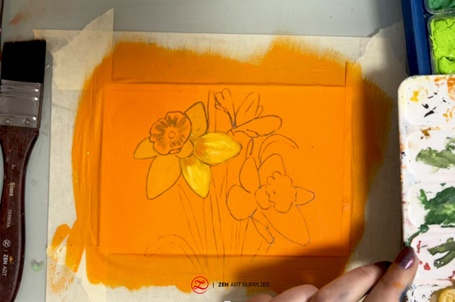 Painting the top left narcissus flower's first layers.