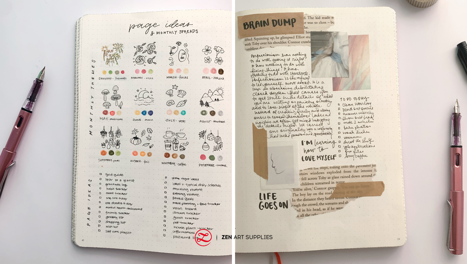 (left page) bullet journal monthly theme and spread ideas; (right page) brain dump