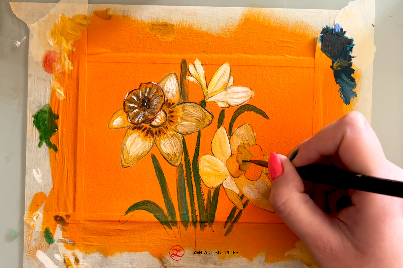 Painting the third flower the same lighter yellow, adding more details to the first, and painting the stems and leaves green.