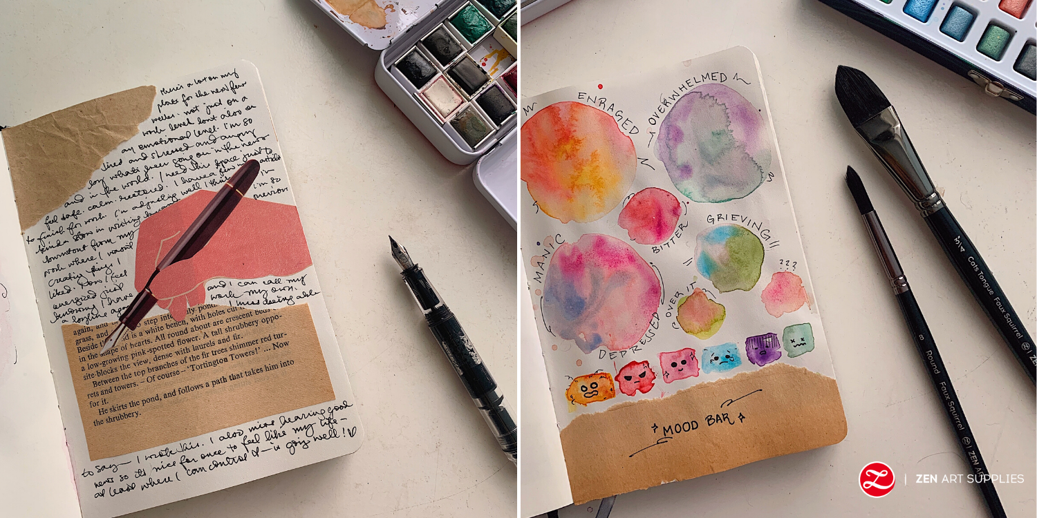 (L) I merged by Brain Dump with a quick and easy collage. (R) A combination of mood tracking and creative meditation: painting blobs that match my feelings.