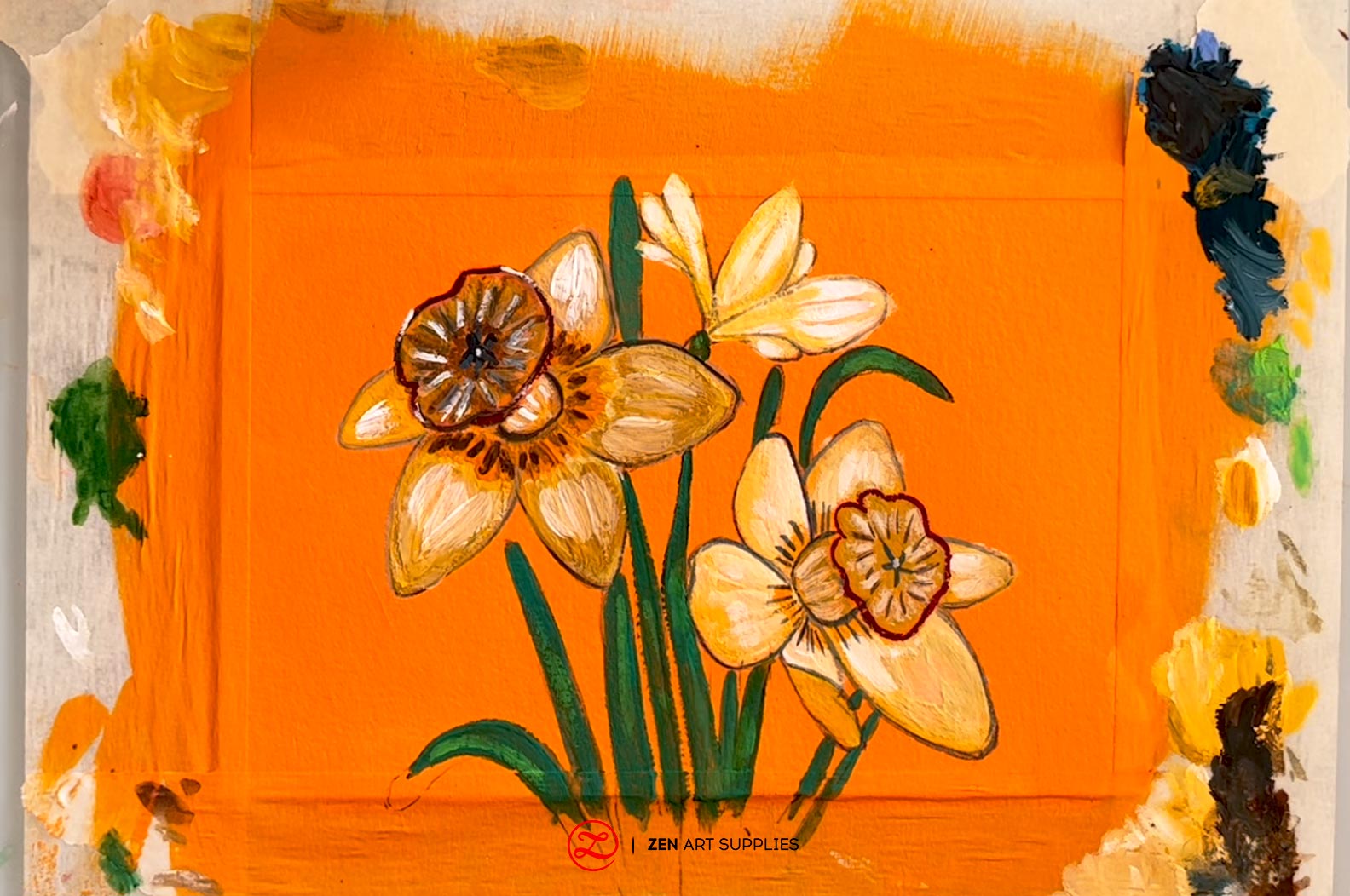 Finished painting of narcissus gouache flowers