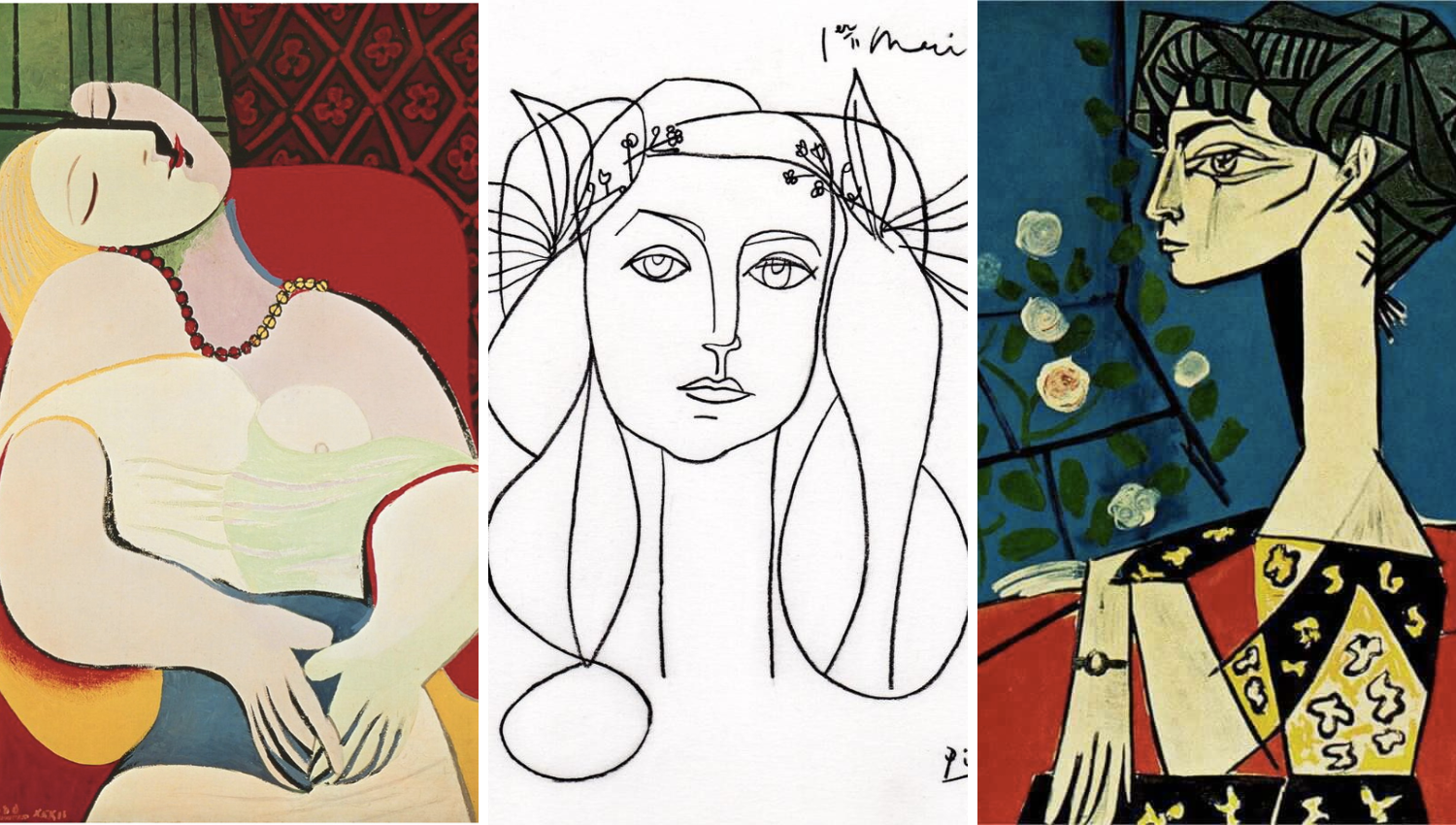portraits of Pablo Picasso's mistresses: (left to right) Marie-Therese Walter, Françoise Gilot, and Jacquelin Roque
