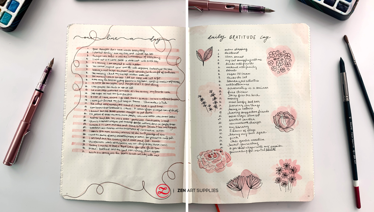 (left) one line a day bullet journal spread; (right) gratitude log