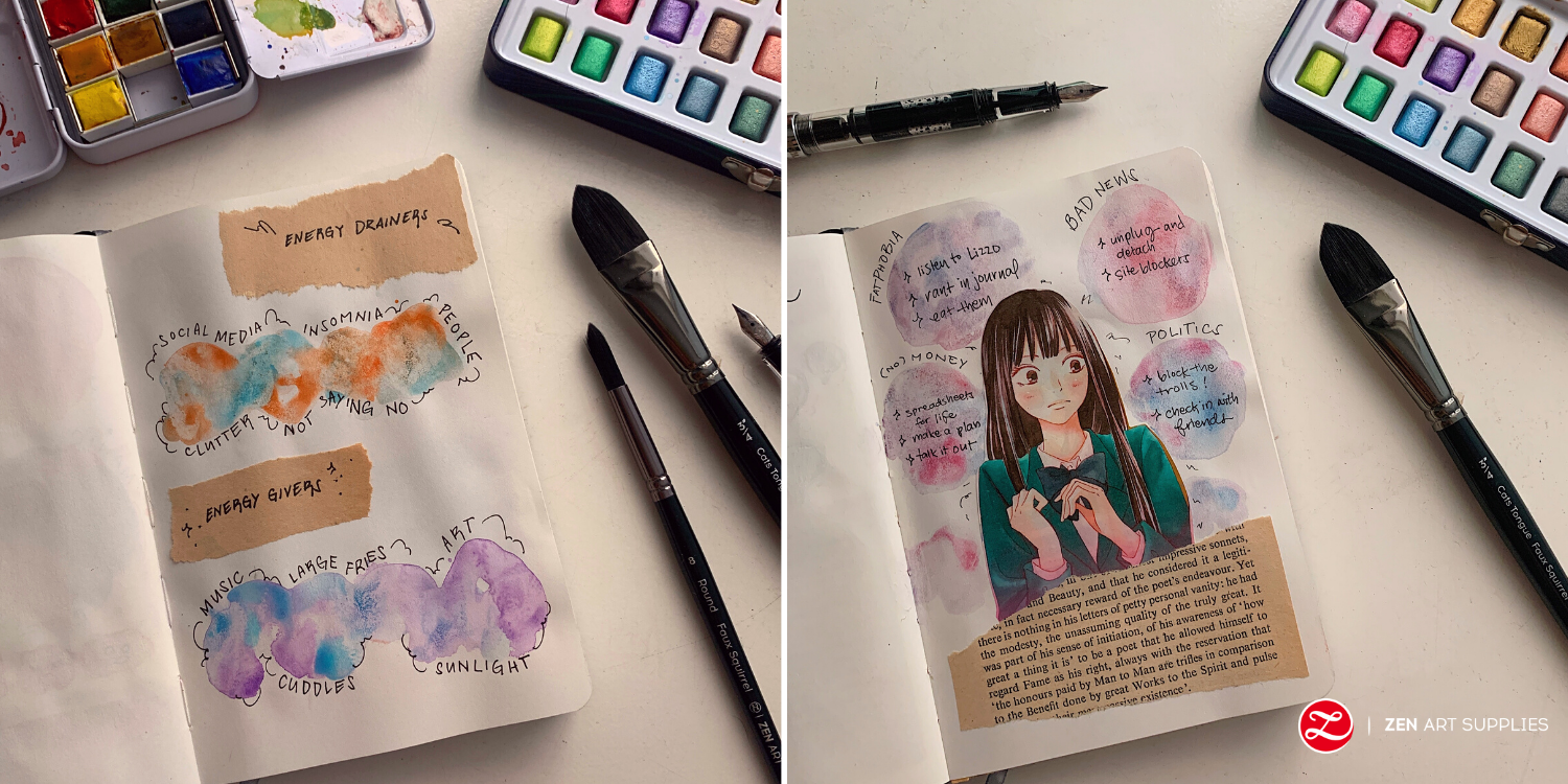 I love merging collage with watercolor. Here I made journal spreads for my energy drainers and givers, triggers, and coping mechanisms.