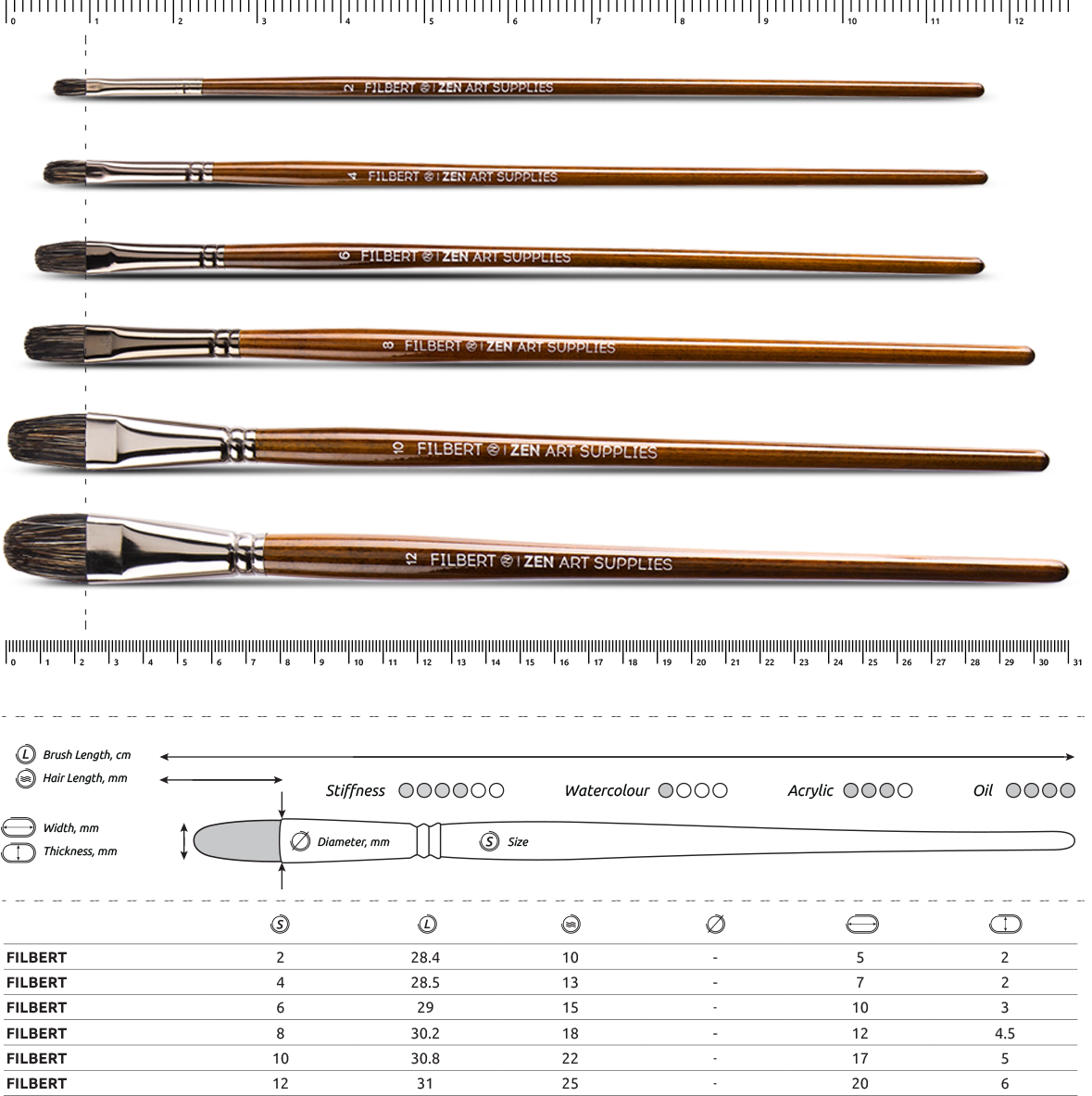 NEW 6PC FILBERT PAINT BRUSHES BY UARTSTUDIO