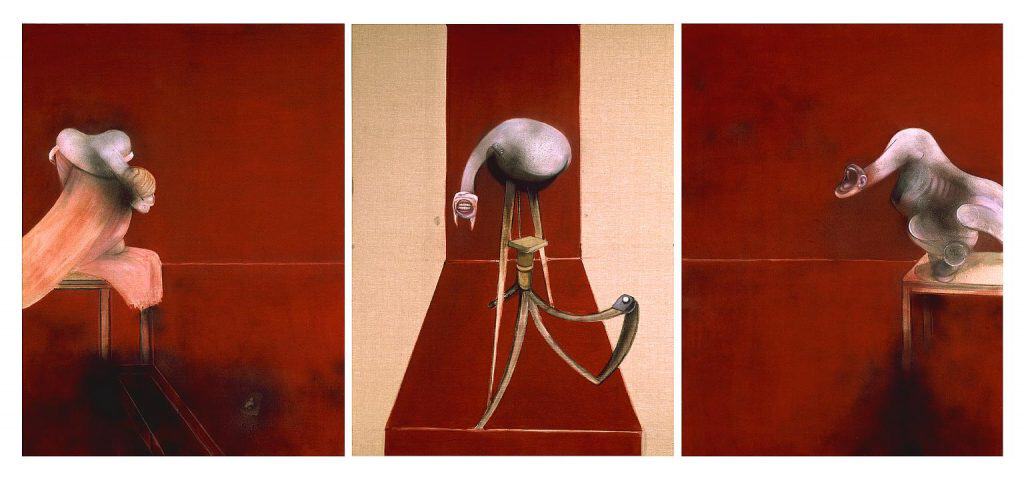 Red art - Second Version of Triptych 1944, Oil and acrylic paint on 3 canvases by Francis Bacon 1988