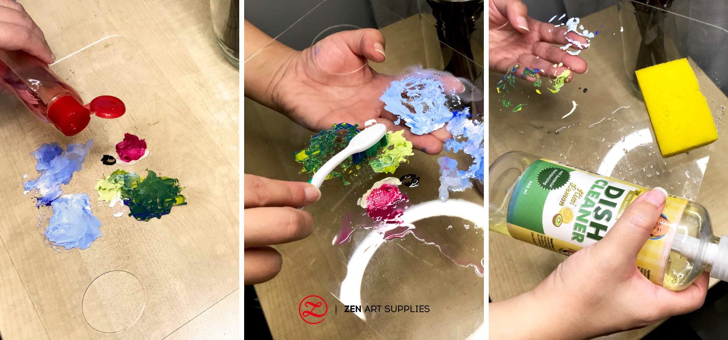 Acrylic paint on acrylic palette being soaked in alcohol and being washed with dish soap