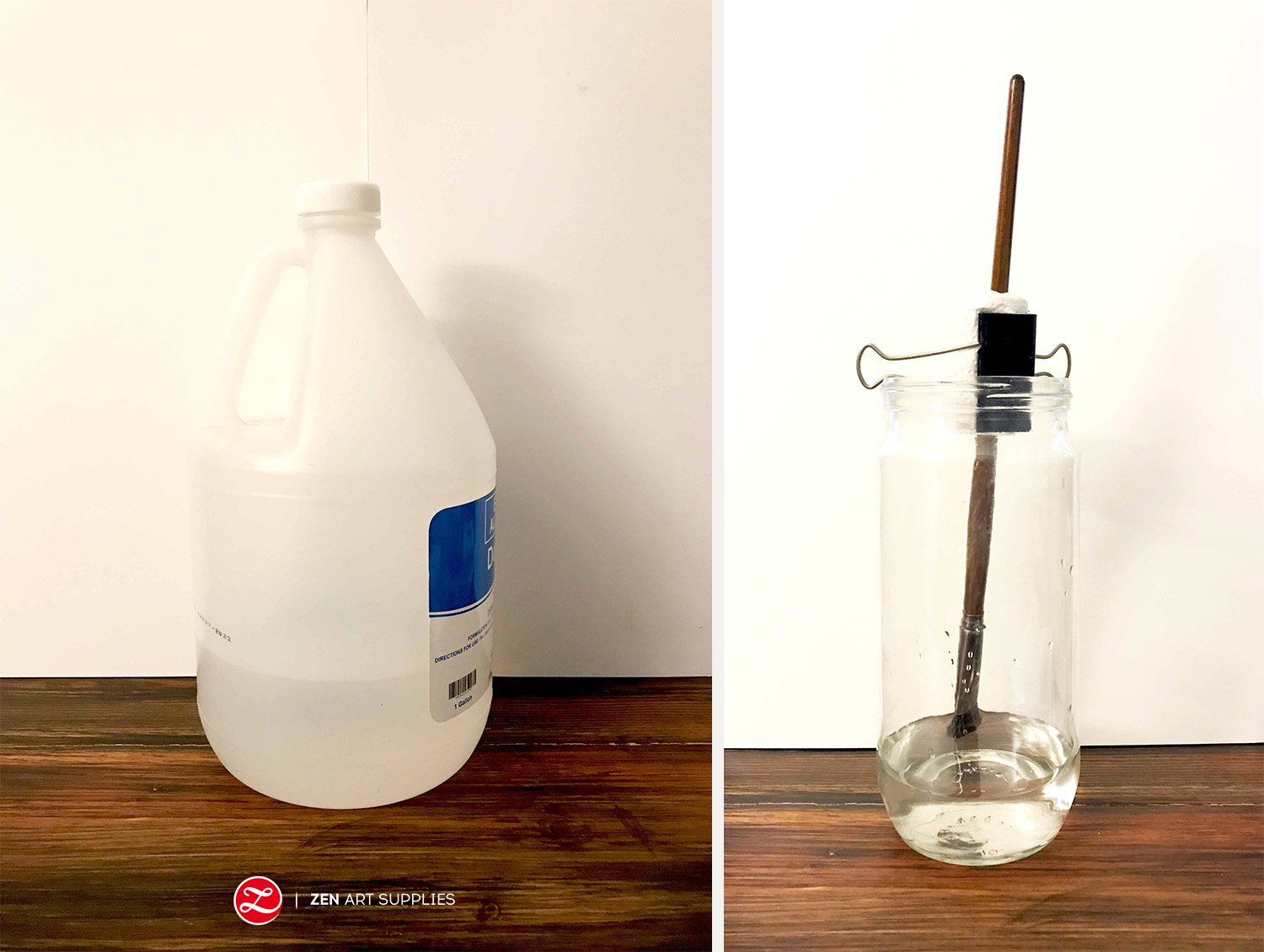 A gallon of alcohol and a brush suspended inside a jar with alcohol to soak the bristles