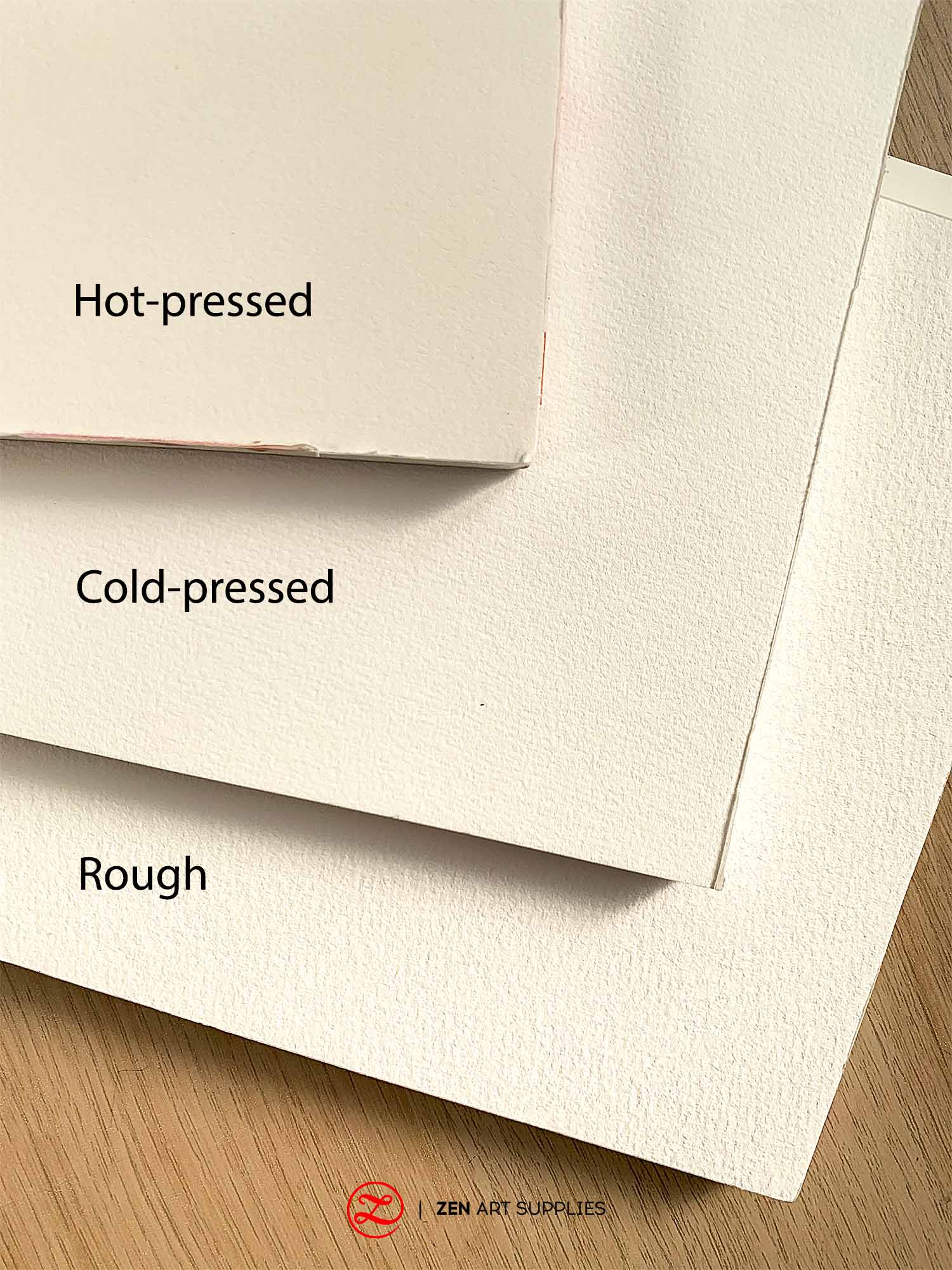 Hot pressed, cold pressed, and rough watercolor paper.