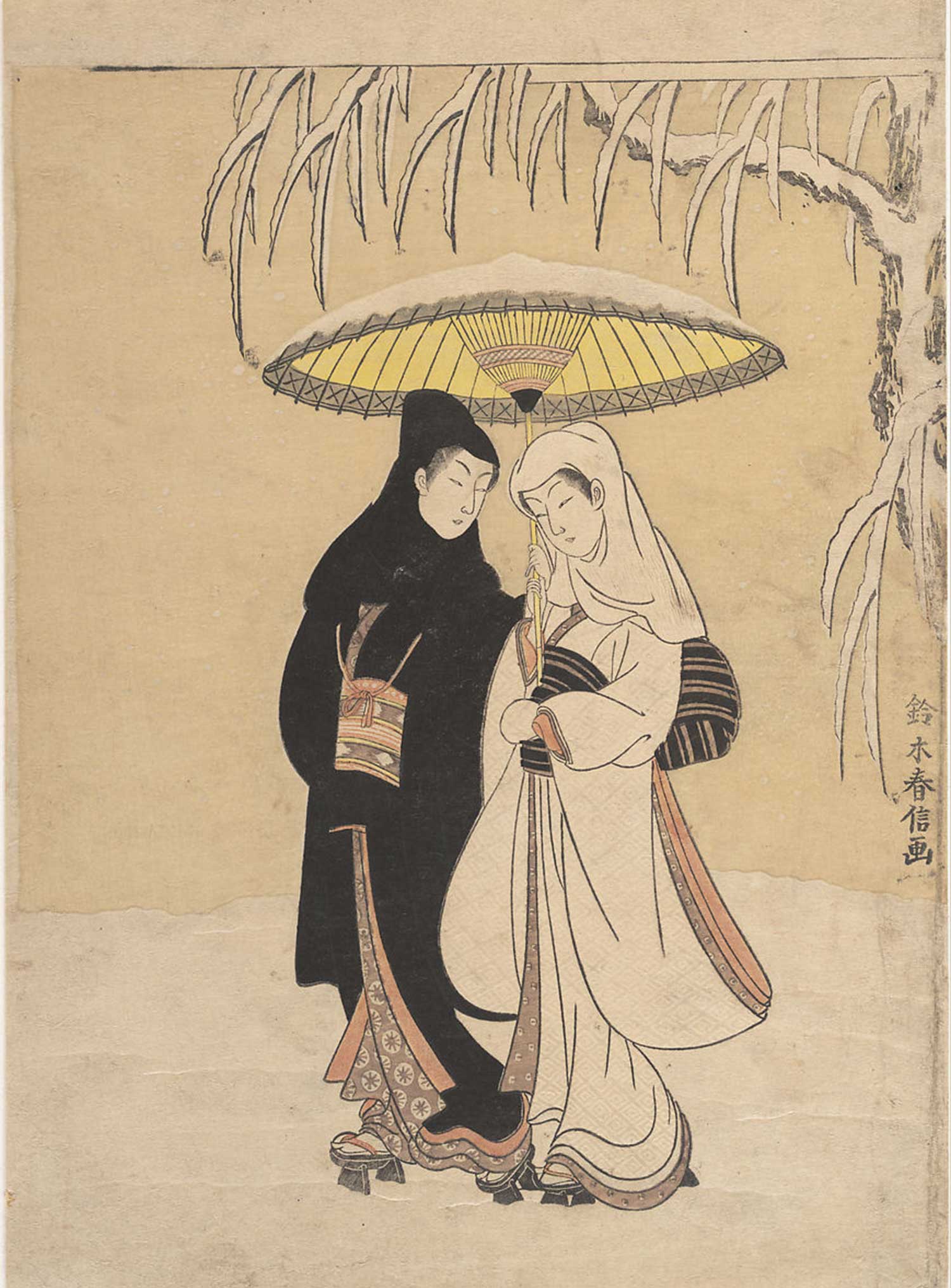 Lovers under an umbrella in the snow, Suzuki Harunobu (1769)