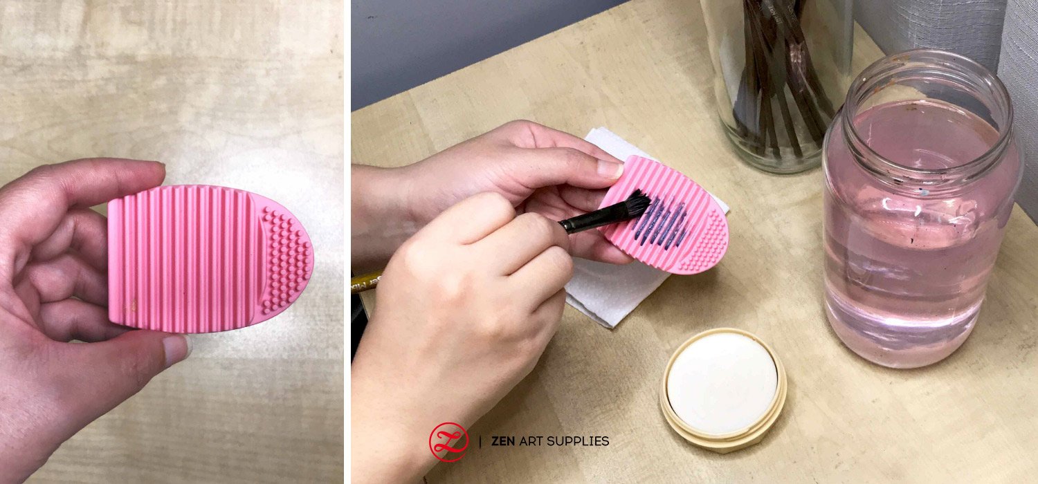 Make-up brush cleaner tool repurposed as paint brush cleaner
