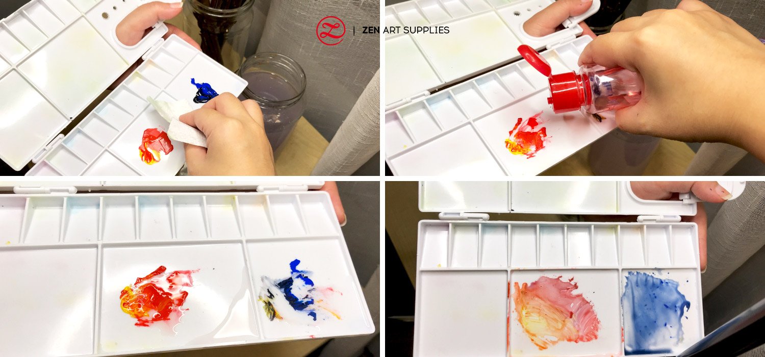 Acrylic paint being wiped off, soaked in alcohol and removed from a plastic palette