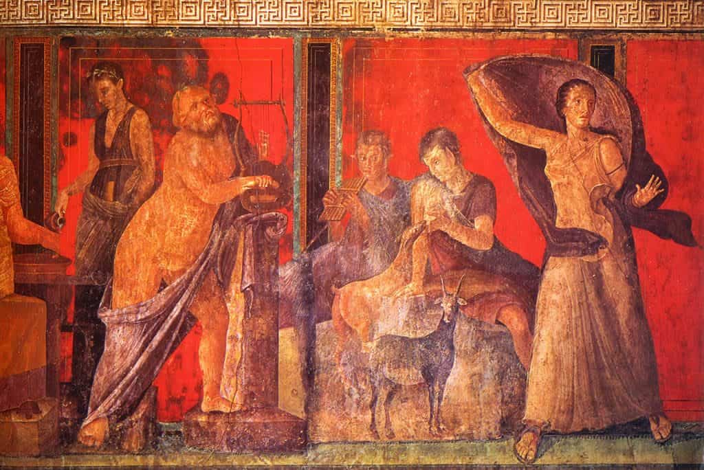 Red art - wall of the triclinium, traditionally interpreted to represent the stages of initiation to the cult