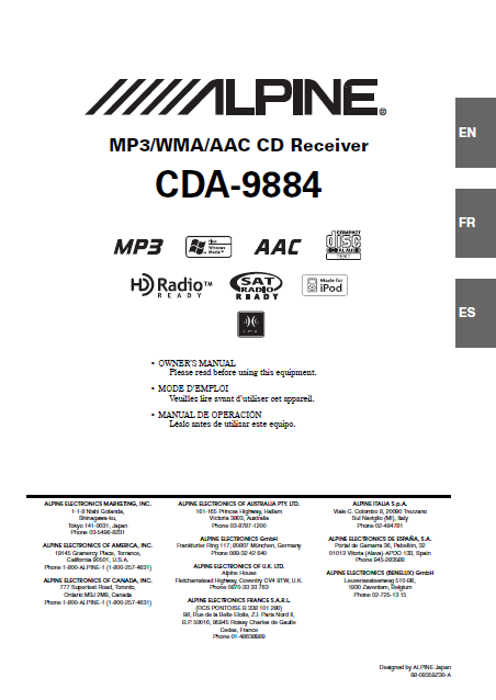 ALPINE CDA-9884 CD Receiver MP3 Owner's Manual – Electronic Service Manuals