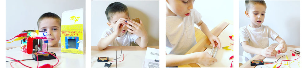 5 year old boy learns LED lighting and circuits with 3DuxDesign LED lighting and electricity STEM kit