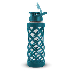 24 oz Glass Sports Bottle with Teal Green Lattice-Cutout Sleeve