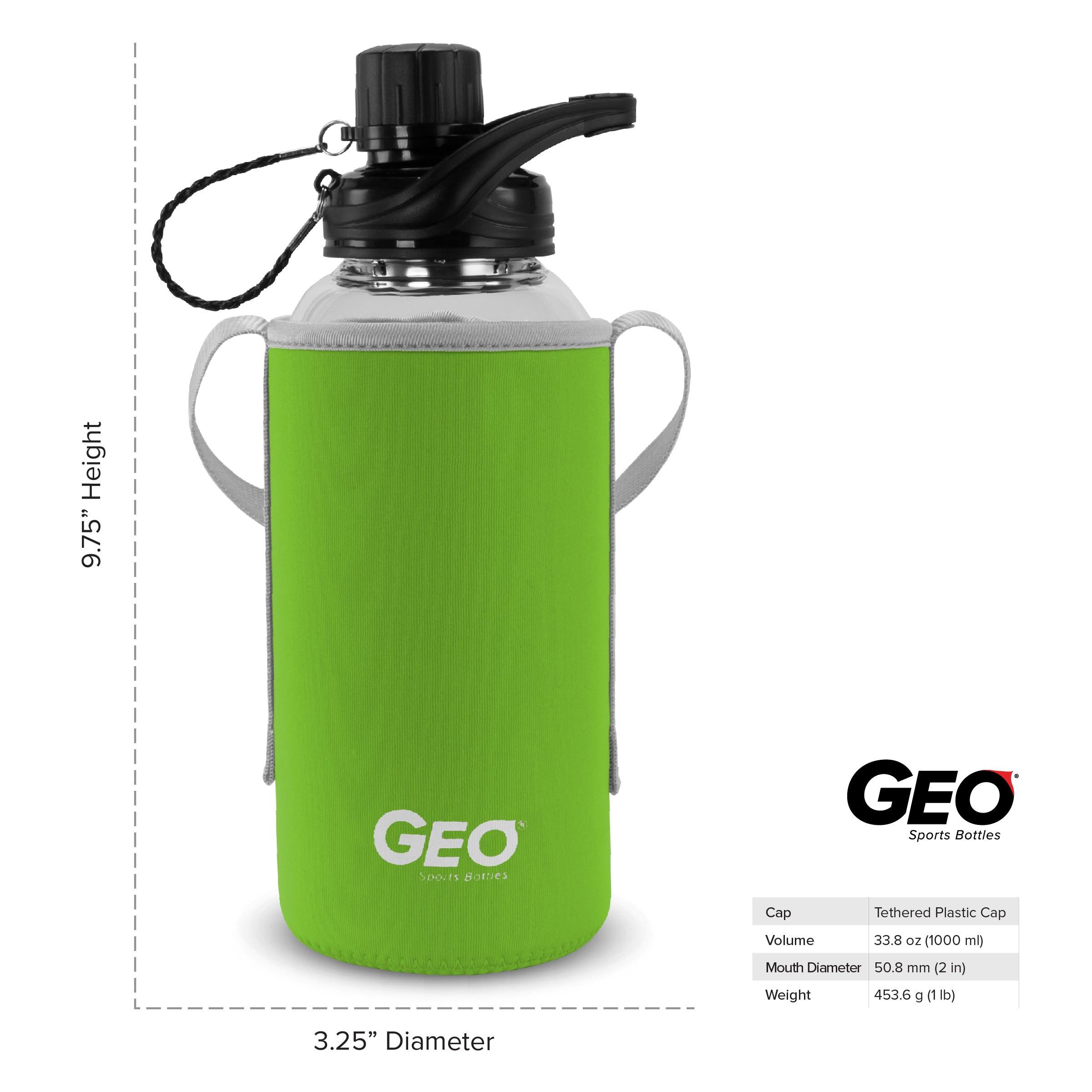 Download 1 Liter Glass Sports Bottle w/ 65mm Plastic Cap & Protective Sleeve