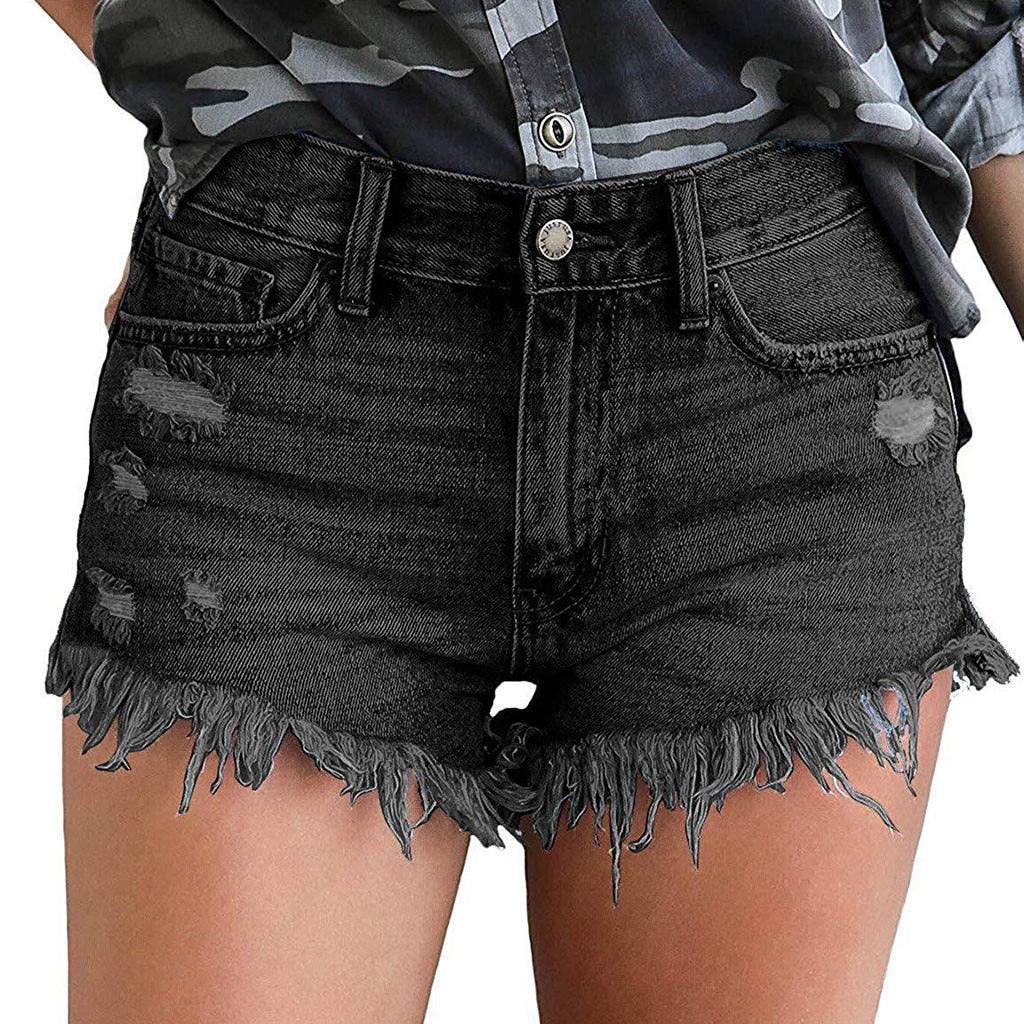 mid rise black denim shorts