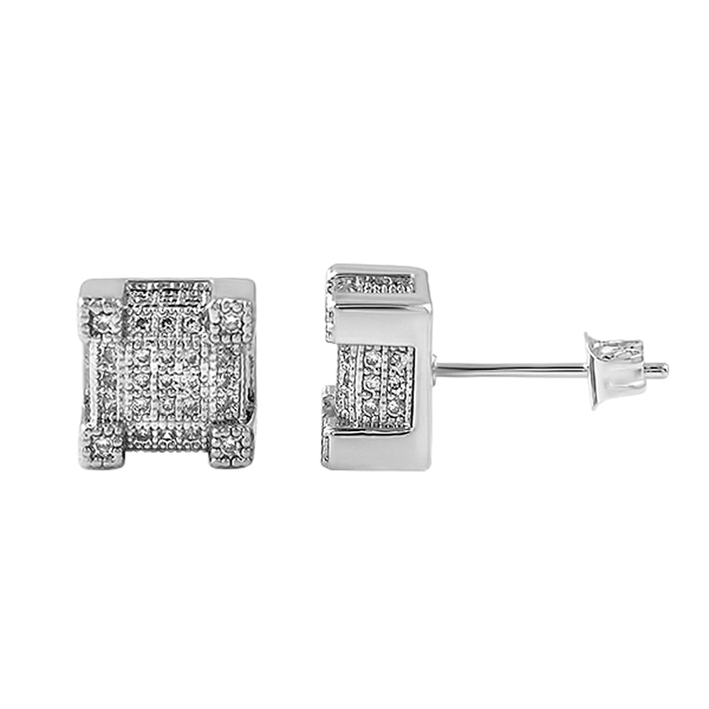 Hip Hop Cube ice 3D Box Rhodium CZ Bling Bling Earrings Iced Out Ear ...