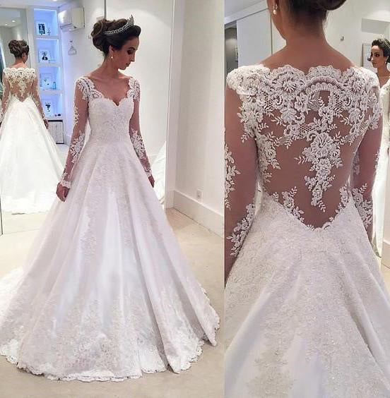 Elegant A-line V Neck Long Sleeves Wedding Dress With Appliques,N11 ...