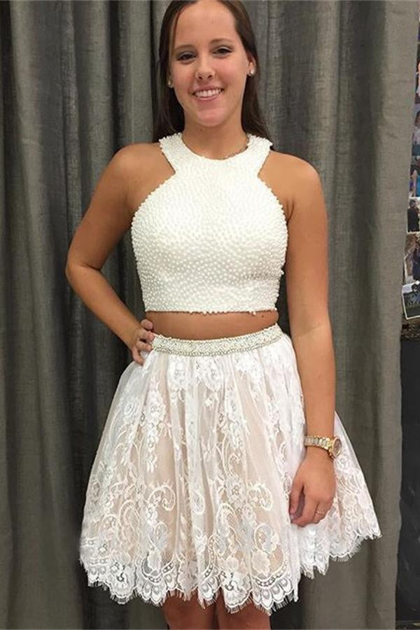 Pretty Cute A-line Two Pieces Lace Beaded Short Homecoming Dresses ...