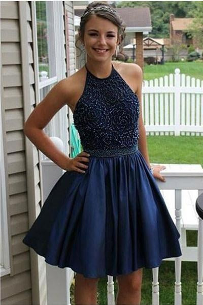 Short Beaded Satin Homecoming Dresses 